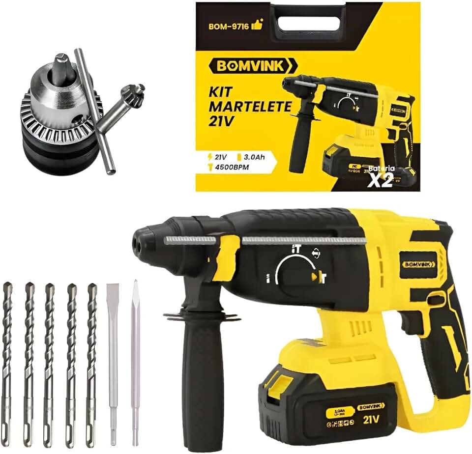 Kit Martelete a Bateria 21V Completo | 4500BPM | Mandril SDS | Kit Maleta com 11 peças e 2 Baterias de Lítio 3.0Ah, Maleta Completa