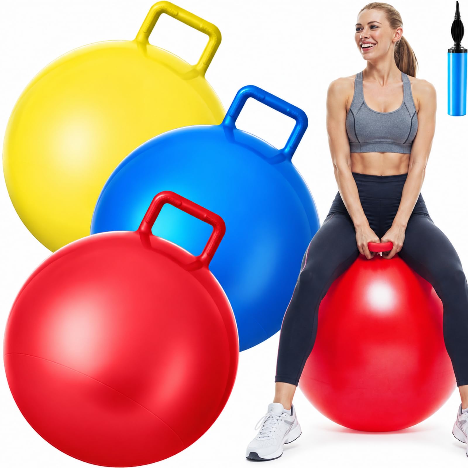 3 Pcs 31" Hopper Ball with Handle, Bouncing Toy, Red, Blue, Yellow