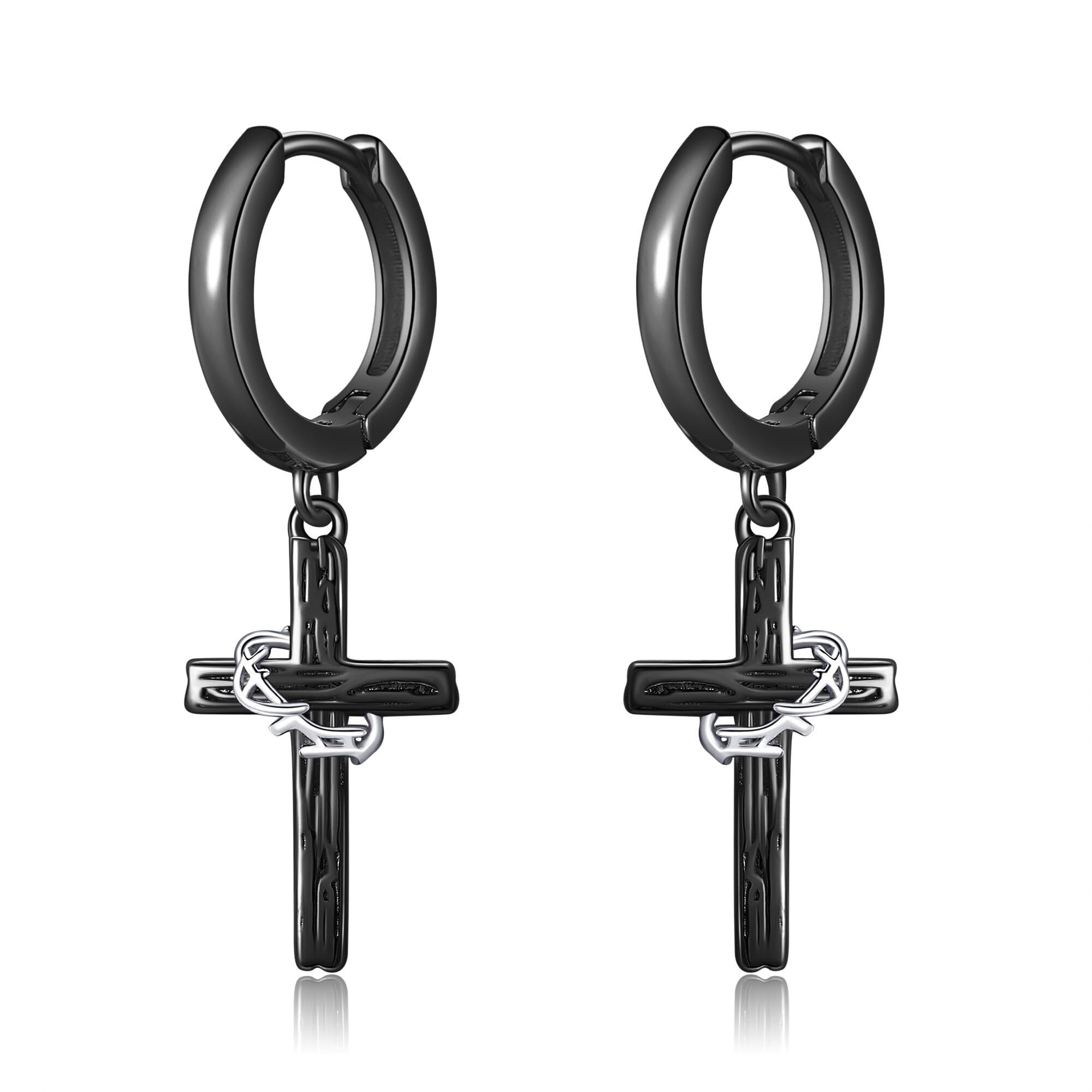 HUKKUN Black Cross Earrings Sterling Silver Cross with Thorn Dangle Earrings for Men and Women