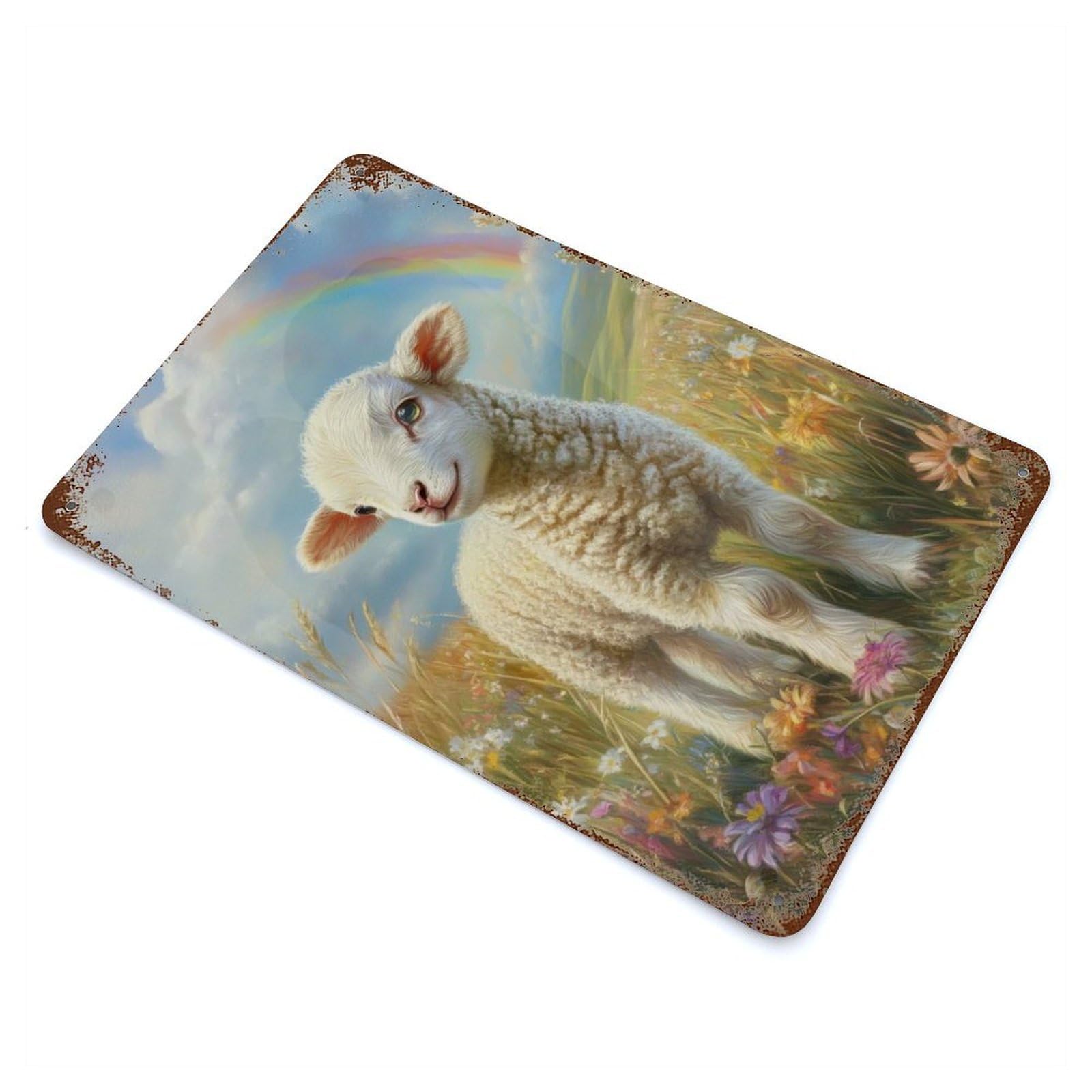 Distressed Metal Wall Sign with Lamb in A Meadow Design 11.8"x7.9", for Farmhouse, Kitchen And Entryway Decor, Old School Wall Decor