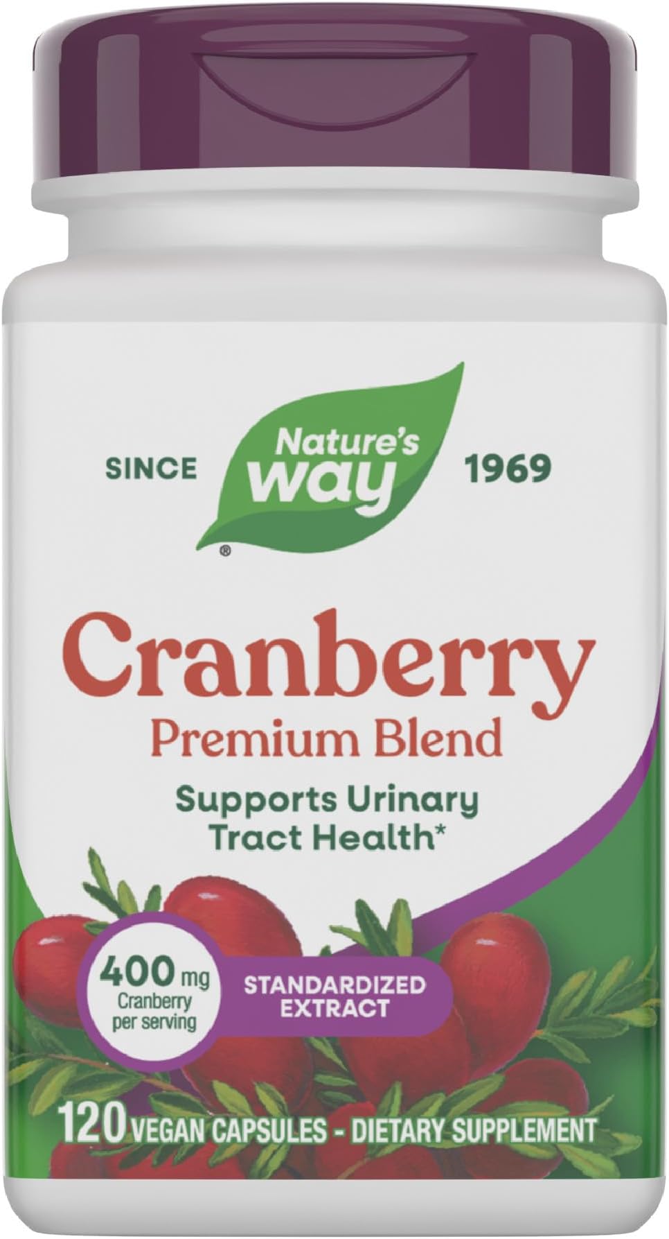 Nature's Way Premium Blend Cranberry, Urinary Tract Health Support*, with 100% Cranberry Concentrate, 400 mg Per Serving, 120 Capsules (Packaging May Vary)