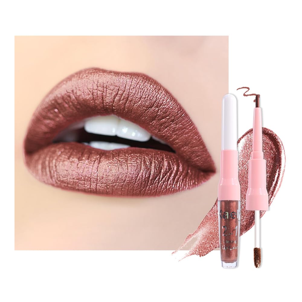 Kaely 2-in-1 Brown Metallic Lipstick and Lip Liner, Shimmer Liquid Metallic Lipsticks for Women, Glitter Lip Gloss Stain Long Lasting Waterproof