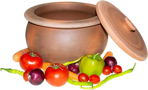 Olla de arcilla sin glasear hecha a mano con tapa, 3 cuartos de galón de cacerola tradicional de terracota, utensilios de cocina de tierra natural,
