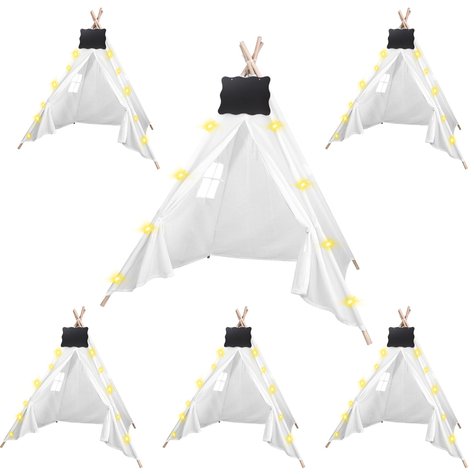 6pcs teepee tents set with markeable small blackboards and 10ft string lights, foldable indoor outdoor play teepee tent for girls & boys, for birthday party boho sleepovers party (white)