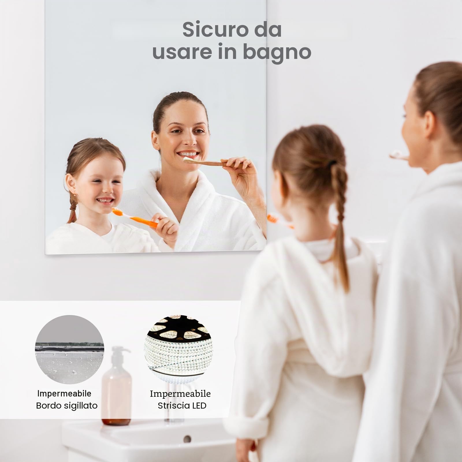 byecold Riscaldatore a infrarossi per specchio con termostato, 580 watt - Riscaldatore a infrarossi per specchio con illuminazione a LED - Specchio da bagno, 100x60 cm