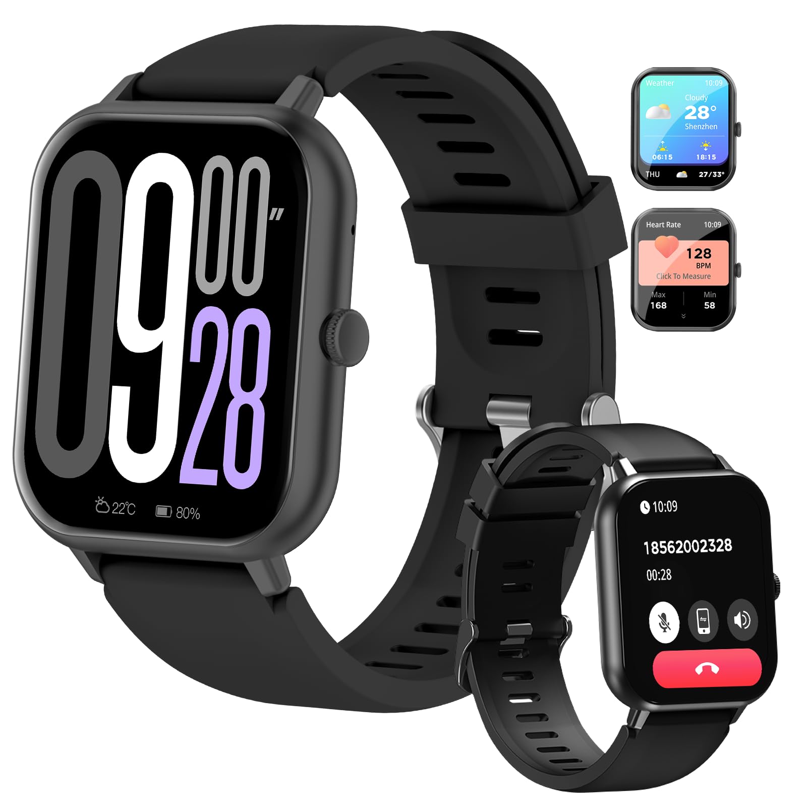 PEJEZW01 Smartwatch - 1.83" Display, Bluetooth Calls, 15-Day Battery, IP68 Waterproof, 123+ Sports Modes, SpO2/HR/Sleep Monitor, Prayer Alerts,Smart watch Compatible Android iOS (Black)