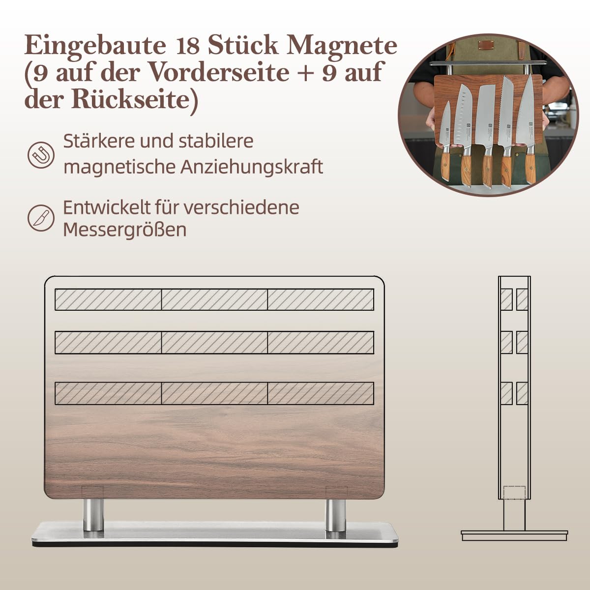 XINZUO Walnussholz Messerblock Magnetisch -Doppelseitig erhältlich -Messerhalter Magnetischer Ohne Messer -Doppelseitiger Starker Magnet Messerhalter für Küche -Leicht zu reinigen -mit Geschenkbox
