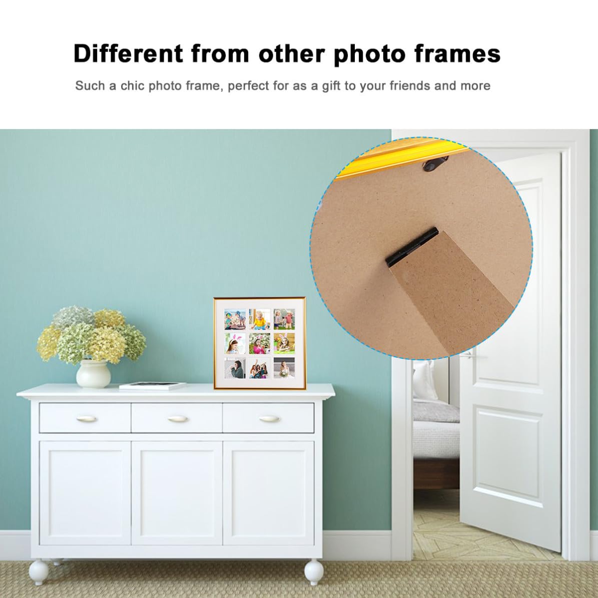 Marco de Fotos Dorado Fácil de Instalar y Quitar 9 Compartimentos Hecho de Plástico y Aleación de Aluminio para Decoración del Hogar u Oficina