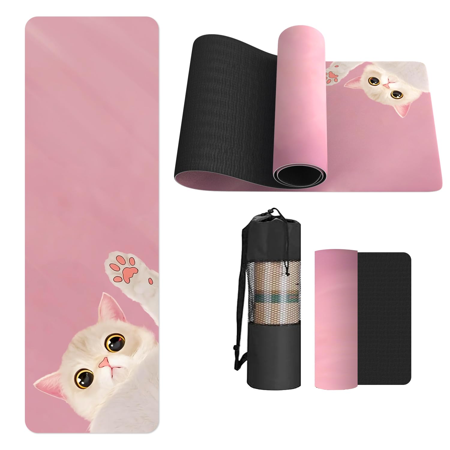 Haquno Extra Thick Yoga Mat 6mm - Non-Slip Exercise Mat for HIIT Pilates & Home Workouts & Workout with Free Carry Strap(pink cat) - Image 2