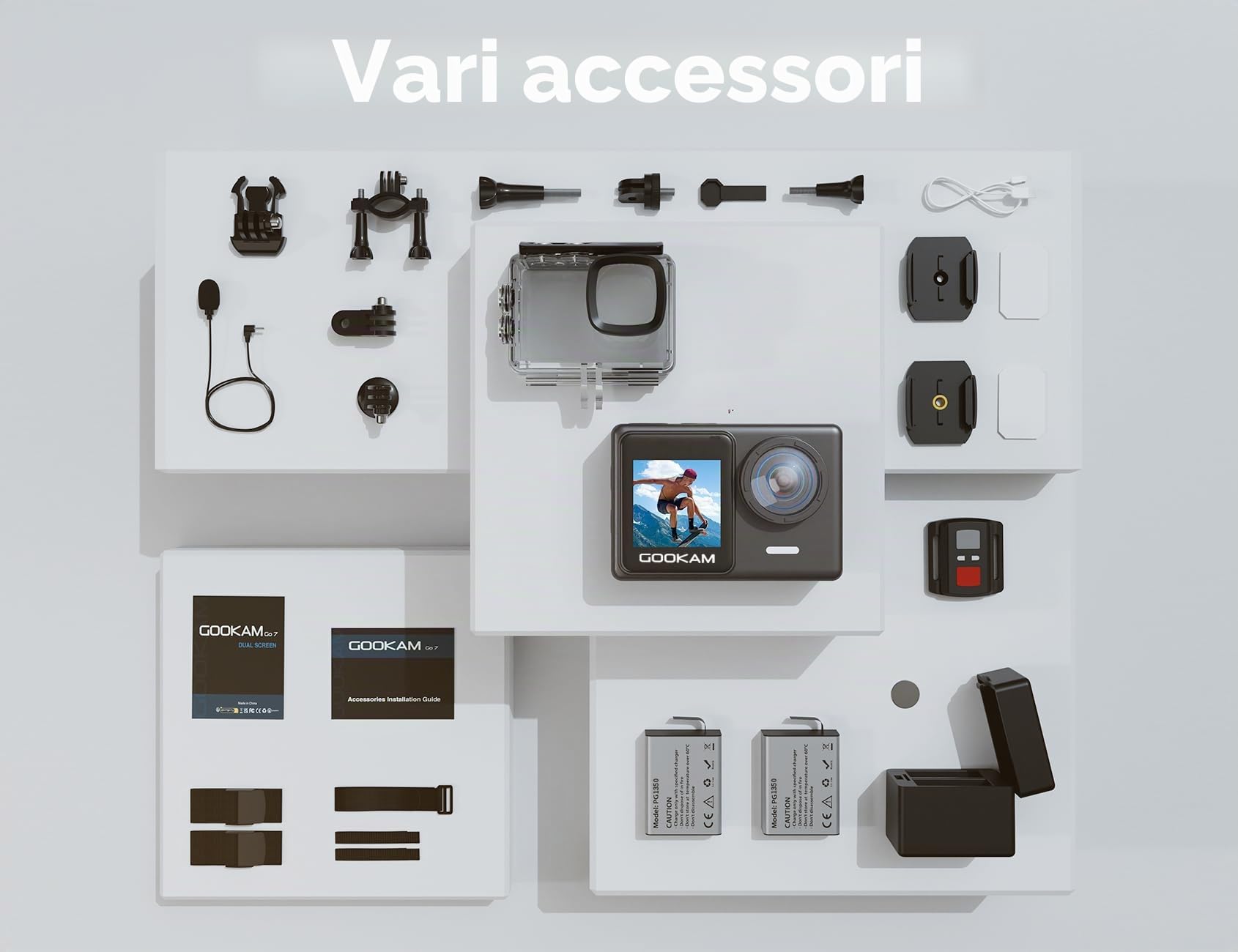 Go7 Action Cam 4K Doppio Schermo 20MP WiFi 40M Fotocamera Subacquea EIS Stabilizzazione Videocamera 170° Grandangolare, 2.4G Telecomando, 2 * 1350mAh Batterie, Kits di Accessori