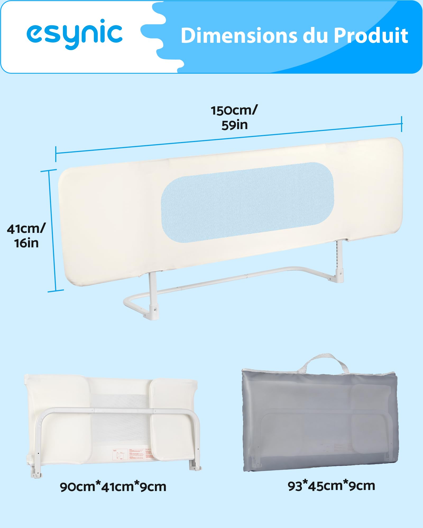 eSynic Barrière de Lit Enfant Pliable 150 x 41 cm Base en U Réglage en Hauteur Attache de Ceinture de Sécurité Barriere de Sécurité Lit Tissu Maillé Protection Anti-Collision avec Sac de Rangement