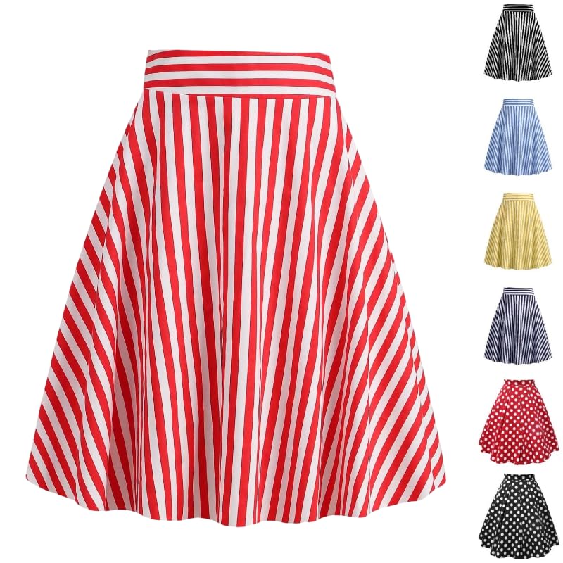Rockabilly Rock Damen Vintage 50er Rote Weiße Gestreift Faltenrock Elastische Hohe Taille Swing Glockenrock Elegant Rockabilly Kleider Ausgestellt A...