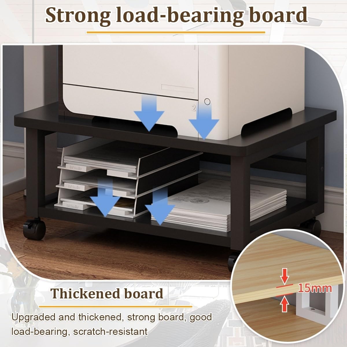 Druckertisch mit Rollen, Platzsparender Druckerwagen mit Regalboden für Zuhause & Büro, Mobiler Druckerständer unter dem Schreibtisch, Mit Feststellrollen, Einfach zu montieren(Black,W 50cm/19.6in)