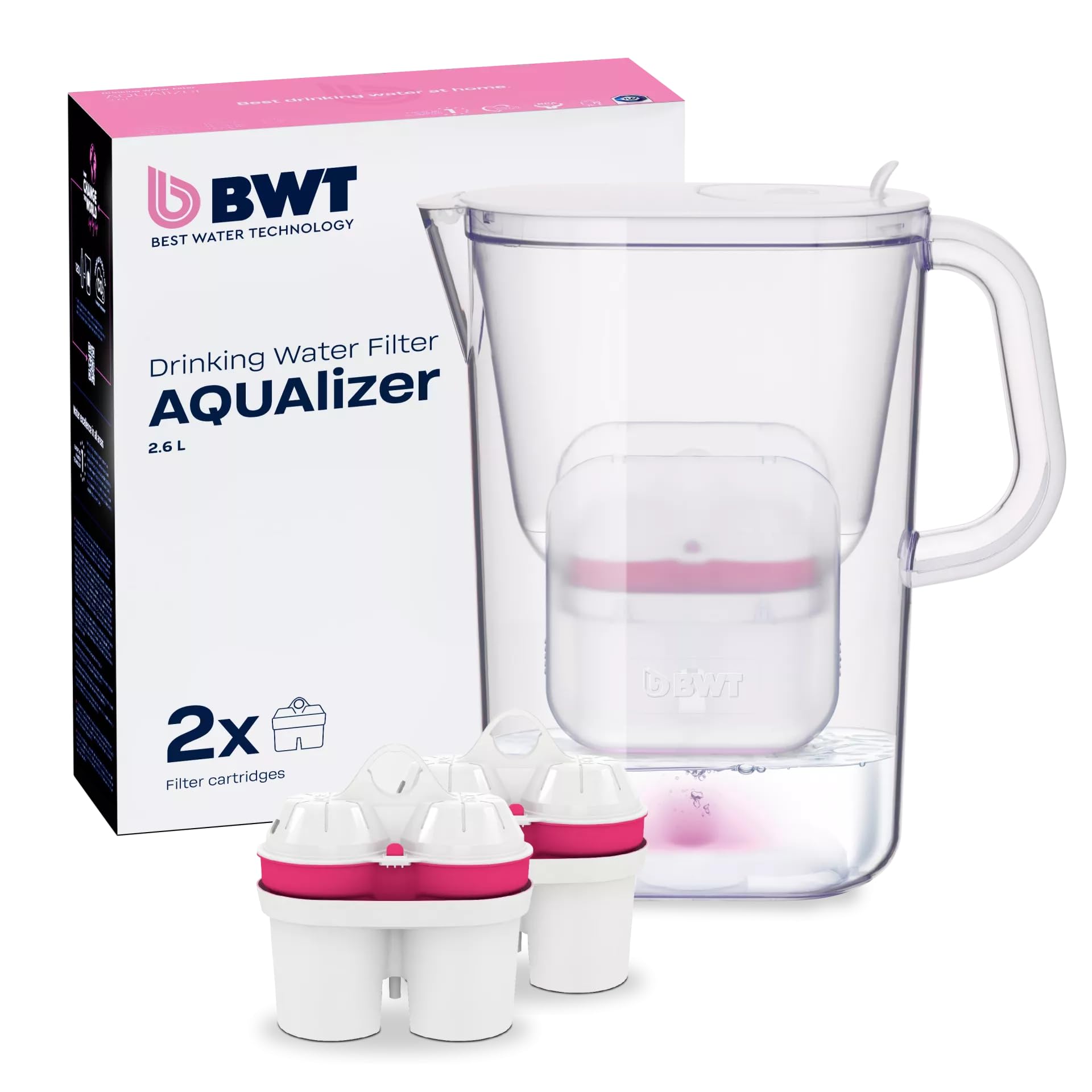 Jarra filtrante BWT AQUAlizer de 2,6l con 2 cartuchos de magnesio para eliminar cal
