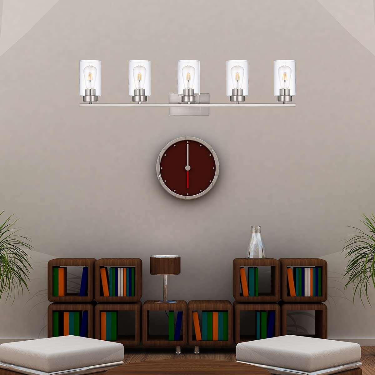 A1A9 5 Light Bathroom Vanity Light Fixtures, Brush Nickel Modern Wall Lights with Clear Glass Shade, Vintage Wall Sconce Lighting for Living Room, Mirror, Bedroom, Hallway (Nickel, 5-Lights)