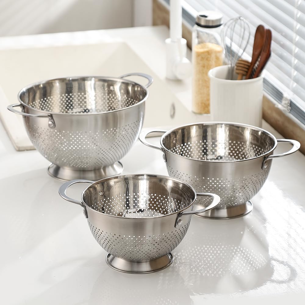 3 Pièces Passoire Inox Tamis Cuisine avec Poignées et Base Métal Ustensile Cuisine pour Pâtes Salade Riz