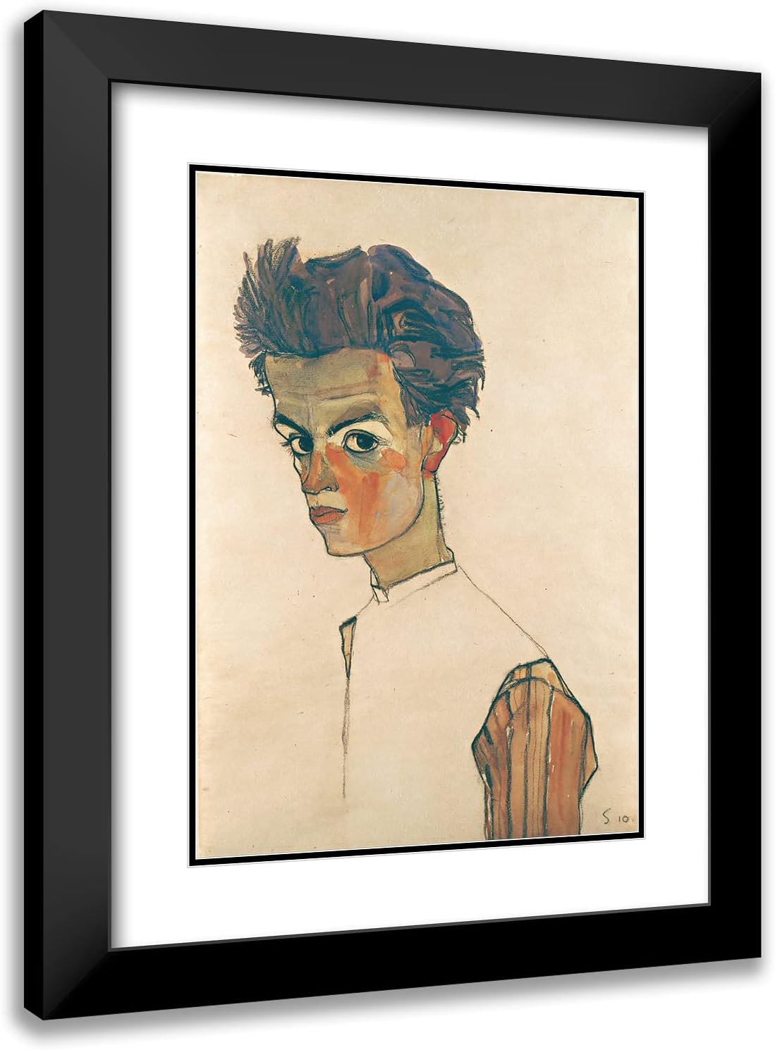 ArtDirect Egon Schiele 14x18 Black Modern Frame and Double Matted Museum Art Print Titled - Self-Portrait with Striped Shirt (1910)