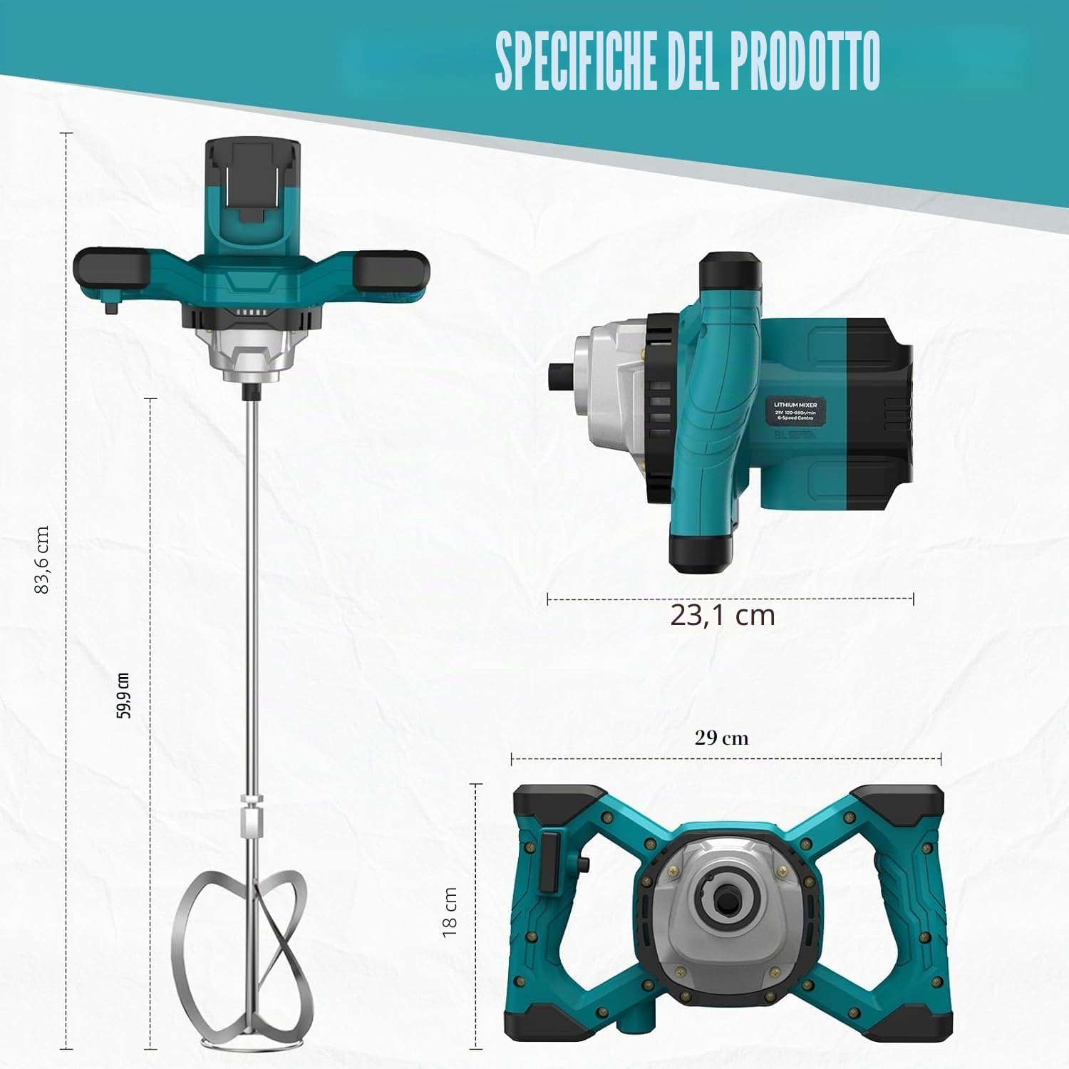 IMAYCC Miscelatore per malta, miscelatore per cemento senza cavo, per batterie MAKITA & DEWALT, miscelatore portatile per calcestruzzo, 21 V, 6 marce, trapano e miscelatore da 1000 W per fango, malta
