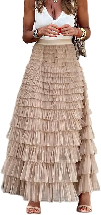 Womens High Waisted A Line Tiered Layered Mesh Tulle Long Maxi Skirt Petticoat