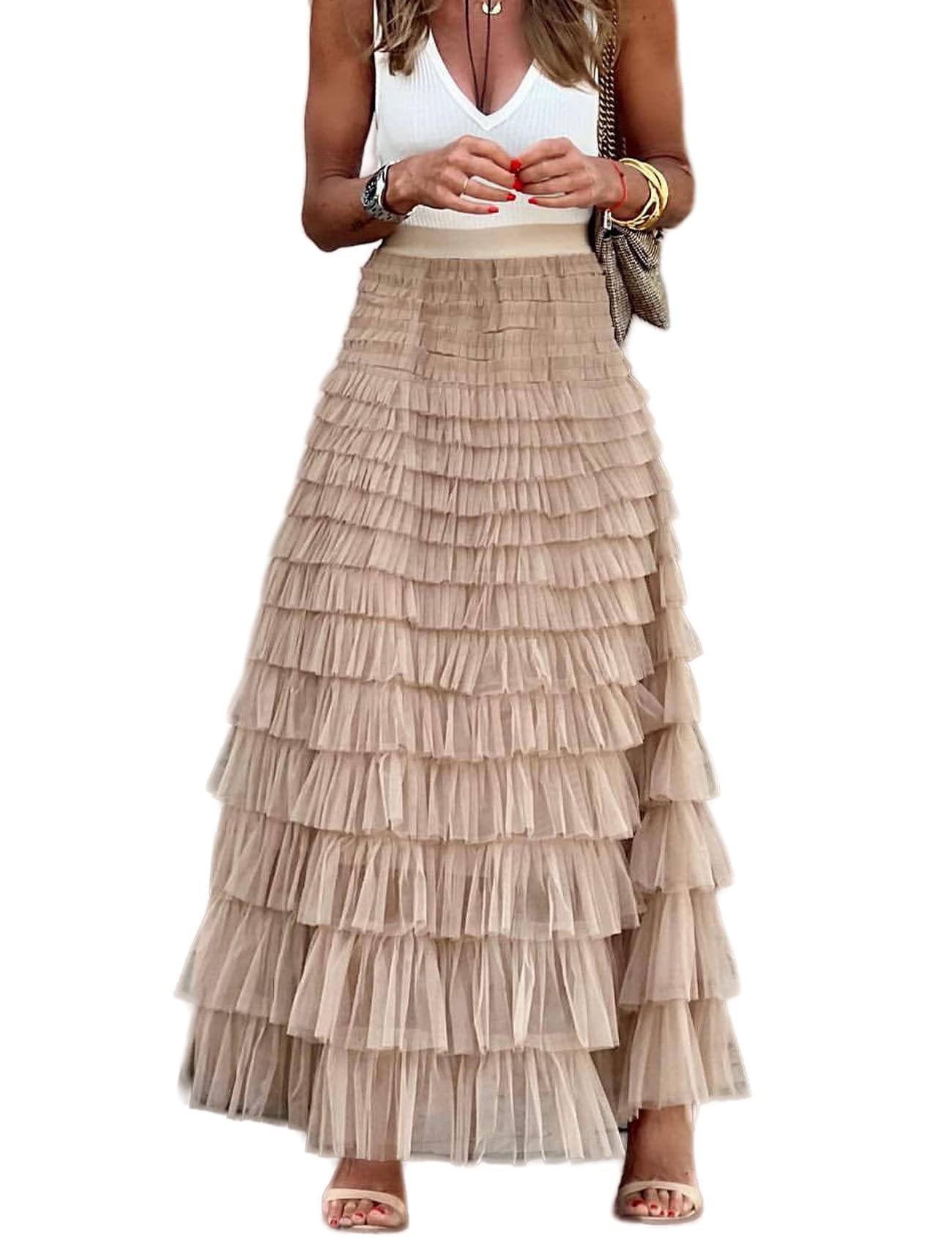 PerbaiWomens Long Maxi Tiered Tulle Skirt High Waisted A Line Layered Mesh Tutu Skirts Petticoat