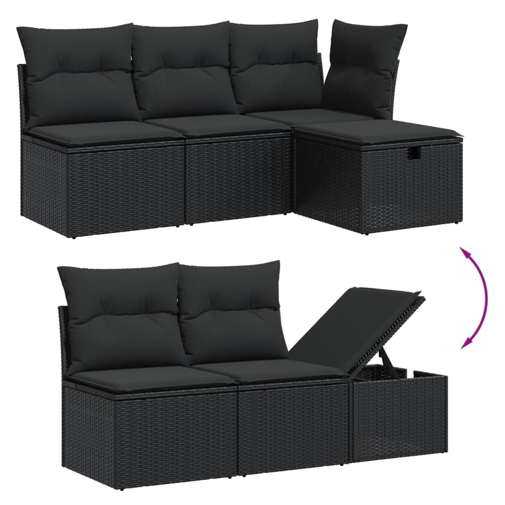 Juego de sofá modular de ratán sintético para jardín con espacio de almacenamiento y fundas de almohada extraíbles, 11 piezas, color negro