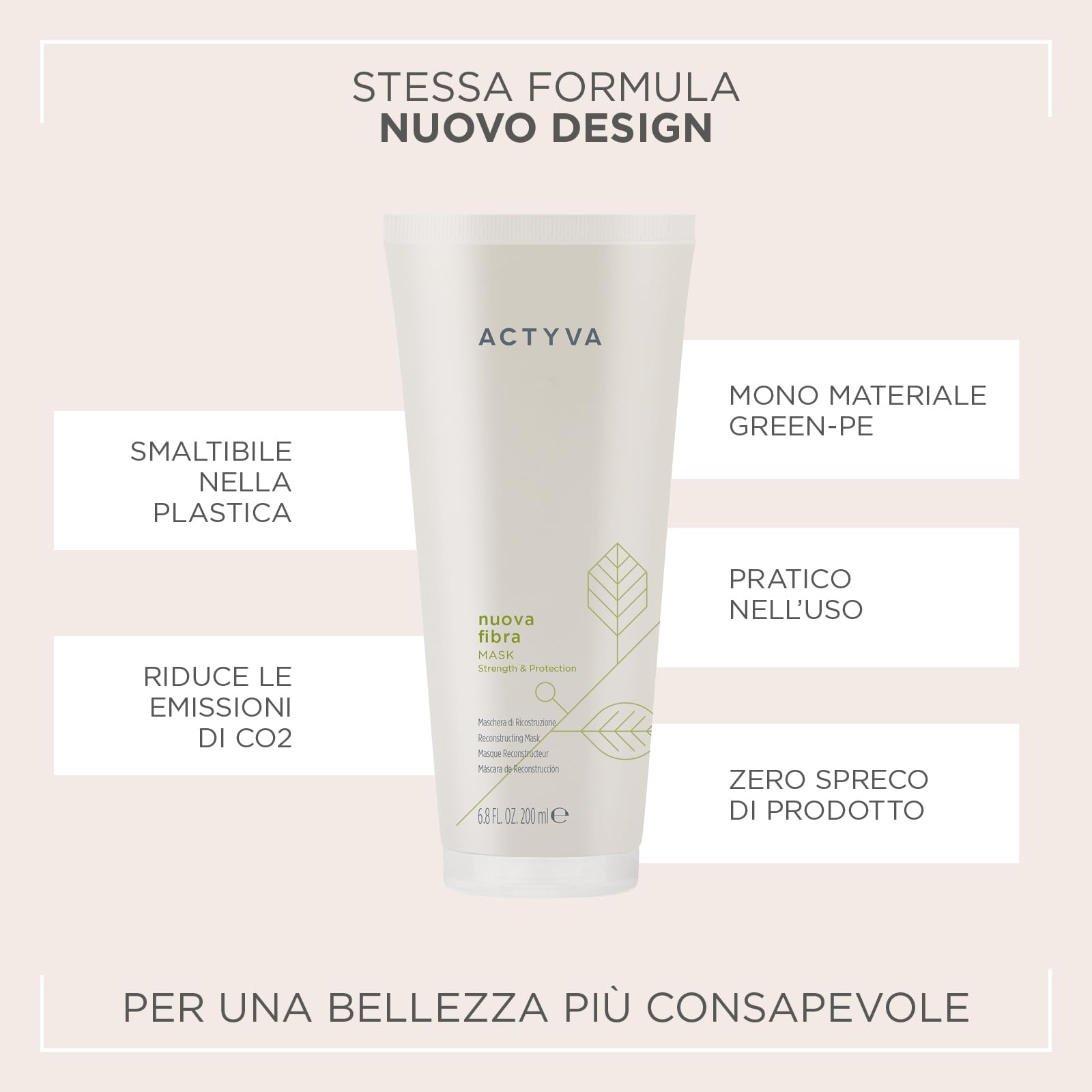 Actyva - Nuova Fibra Mask, Maschera Protettiva e Ristrutturante per Capelli Sfibrati o Danneggiati con Amaranto e Alga Rossa - 200 ml