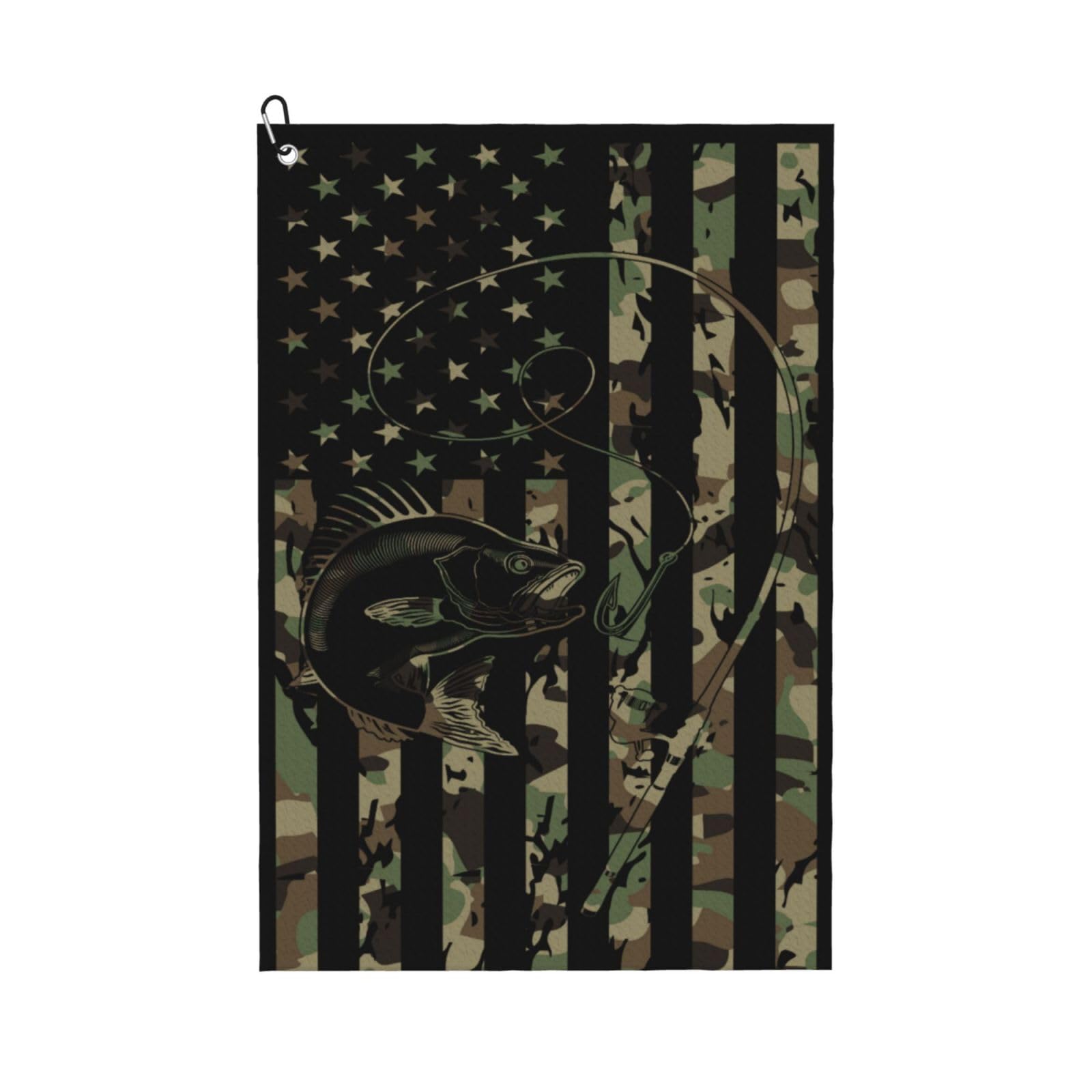Oudrspo Bass Fishing Camo Camouflage American Flag Hunting Black Ultra Fine Fiber Golf Towel with Mountain Buckle, Golf Cleaning Towel