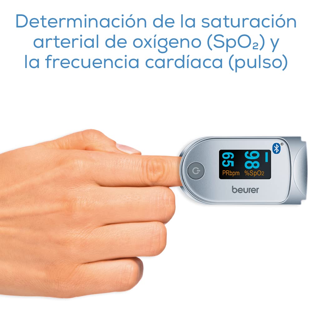 Beurer PO 60 Pulsioxímetro con Bluetooth, Oxímetro con Bluetooth, determinación de la saturación arterial de oxígeno en sangre, medición indolora y pantalla a color de fácil lectura