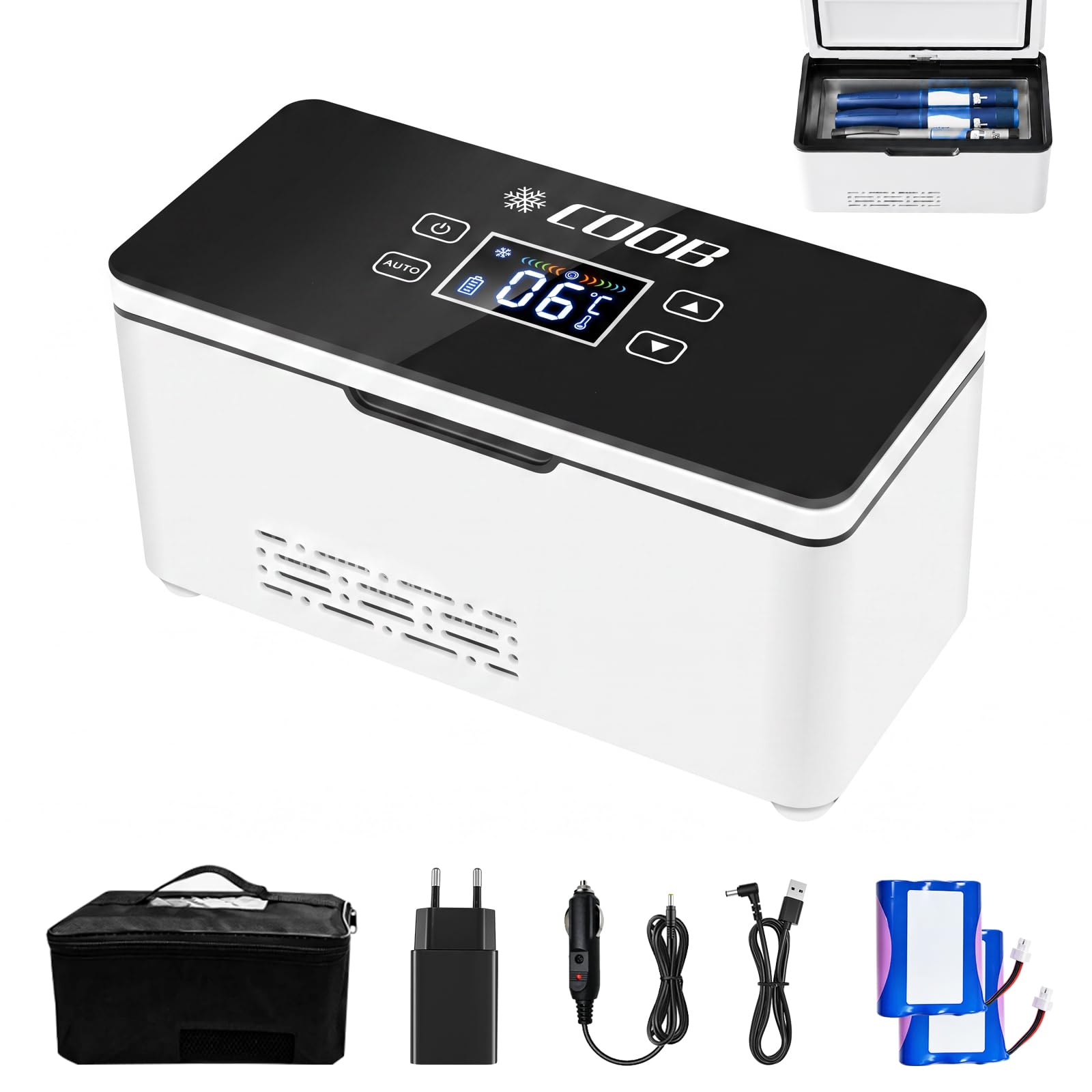 Insulin Kühlbox Elektrisch, Tragbarer Insulin Kühlbox mit LED-Anzeige, 2–8 °C Einstellbar, Insulin Kühltasche mit 2 Akkus mit 10.600 mAh für Auto, Reisen und Außenbereich