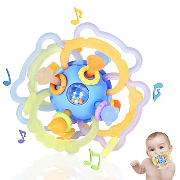 Baby Rattle Teething Toys, Baby Ball Teether Toys for 0 3 6 9 12 18 Months, Silicone Montessori Teethers with Rattle Ball for Newborn Infant, Sensory Delopmental Gift for Boys Girls, Blue