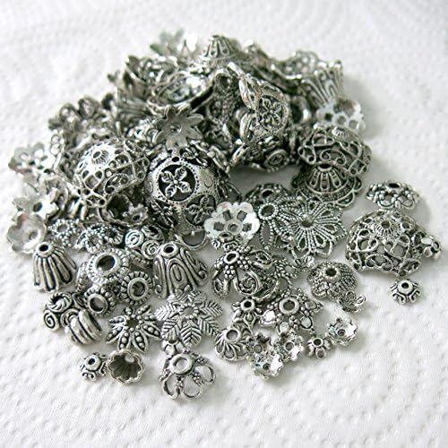 Beading Station Antique Style Everything Mix, Charms, Spacers, Bead Caps, Clasps, Connectors, All Crafting Needs ~ Jewelry Findings ~ (Deluxe Spacer&Caps 70pcs Antique Silver)