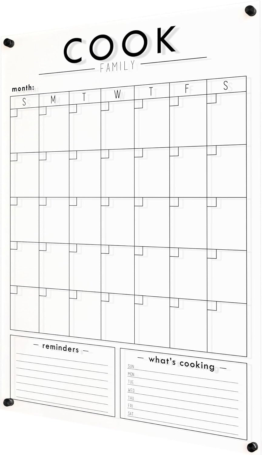 Clear Acrylic Family Calendar with Personalized Family Name and Bottom Sections