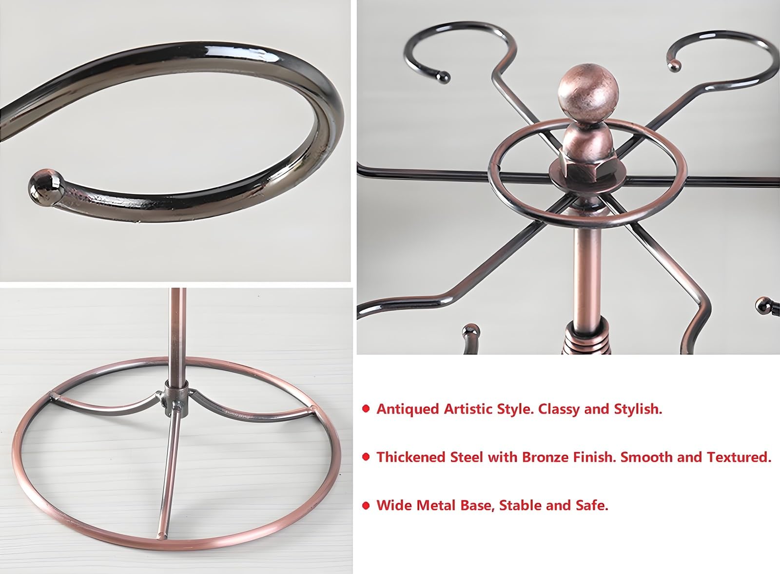 Soporte para copas de vino de bronce, estante de secado independiente para encimera envejecida, colgador artístico de exhibición de vidrio de mesa con 6 ganchos para almacenamiento en el hogar 4