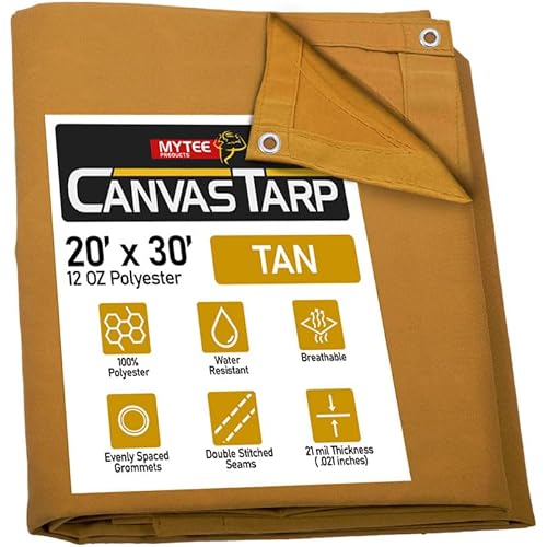 Mytee Products 20' x 30' Tan 12oz Canvas Tarp with Grommets - Water Resistant - 21 Mile Heavy Duty Canvas Tarps - Multipurpose Tarpaulin Cover for Canopy Tent, Roof, Camping, Semi Trucks & Cargo