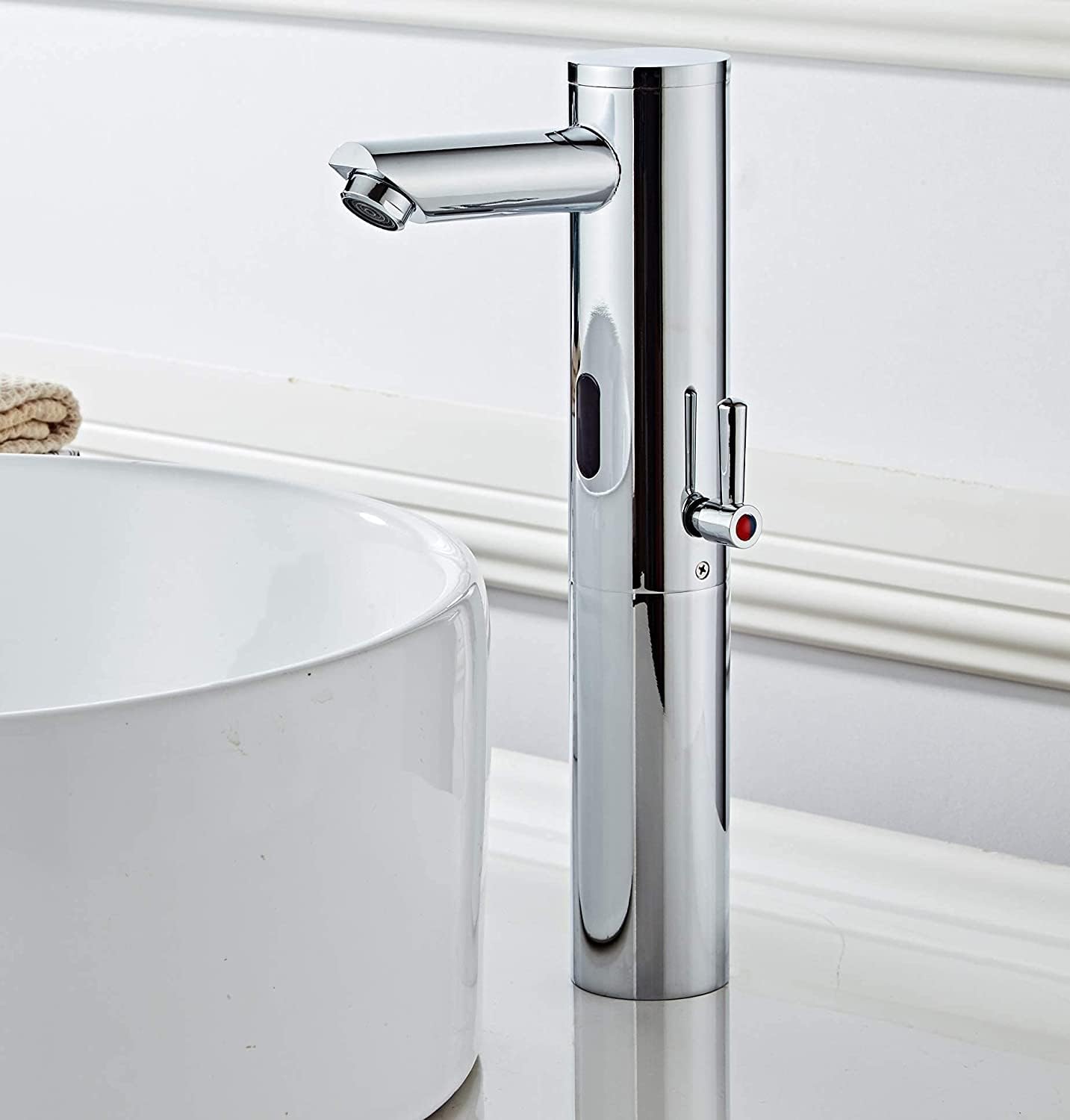Rubinetto da bagno con sensore automatico a infrarossi, rubinetto per lavabo senza contatto alto per rubinetto del bagno, miscelatore per lavello in ottone cromato