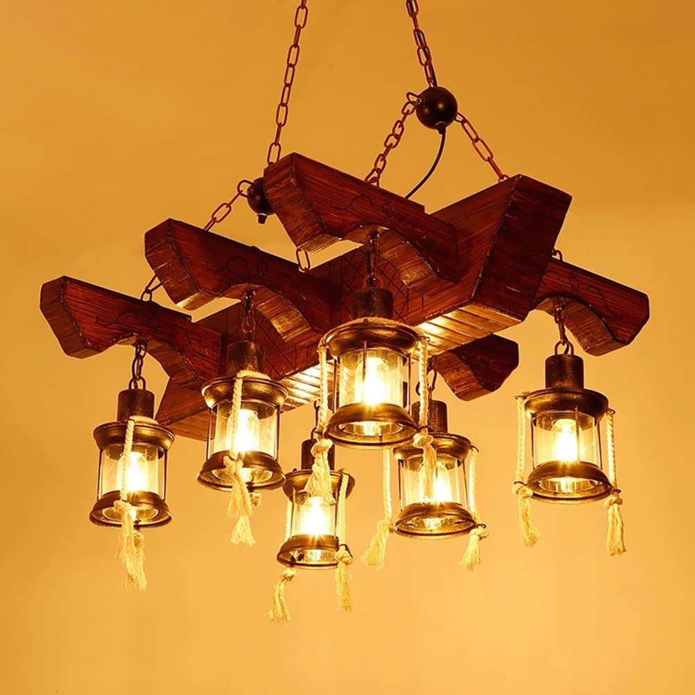 6-głowicowa lampa wisząca z rustykalnego drewna