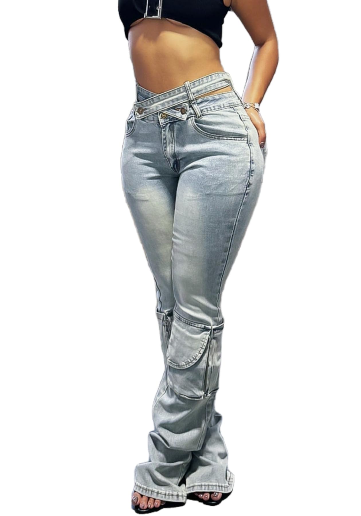 Women's Criss Cross Belt Cargo Jeans, High Waist Novelty Y2K Denim Pants