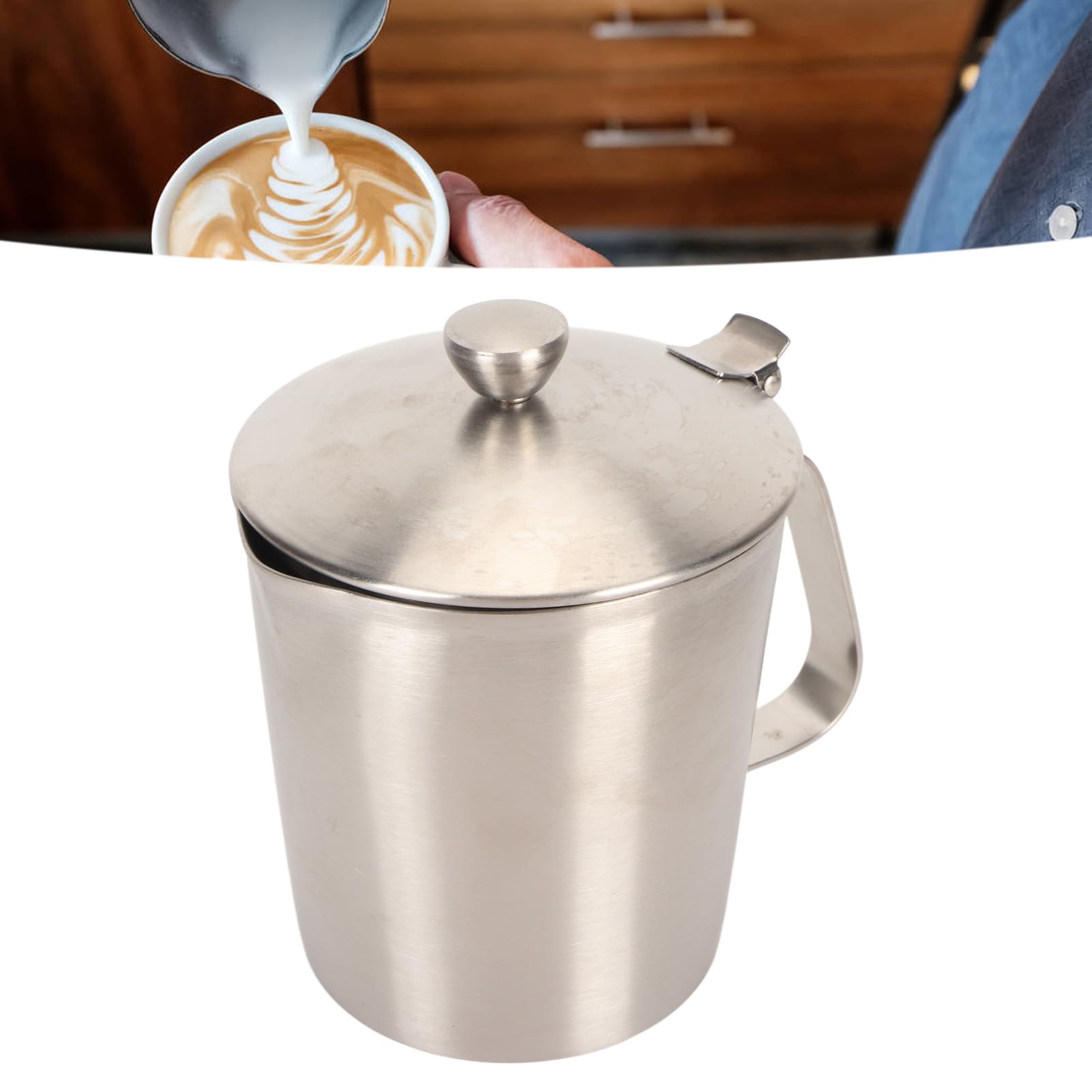 Taza medidora de acero inoxidable 304 de 700ML de espesor con tapa con mango marcado para espumar leche y Latte Art
