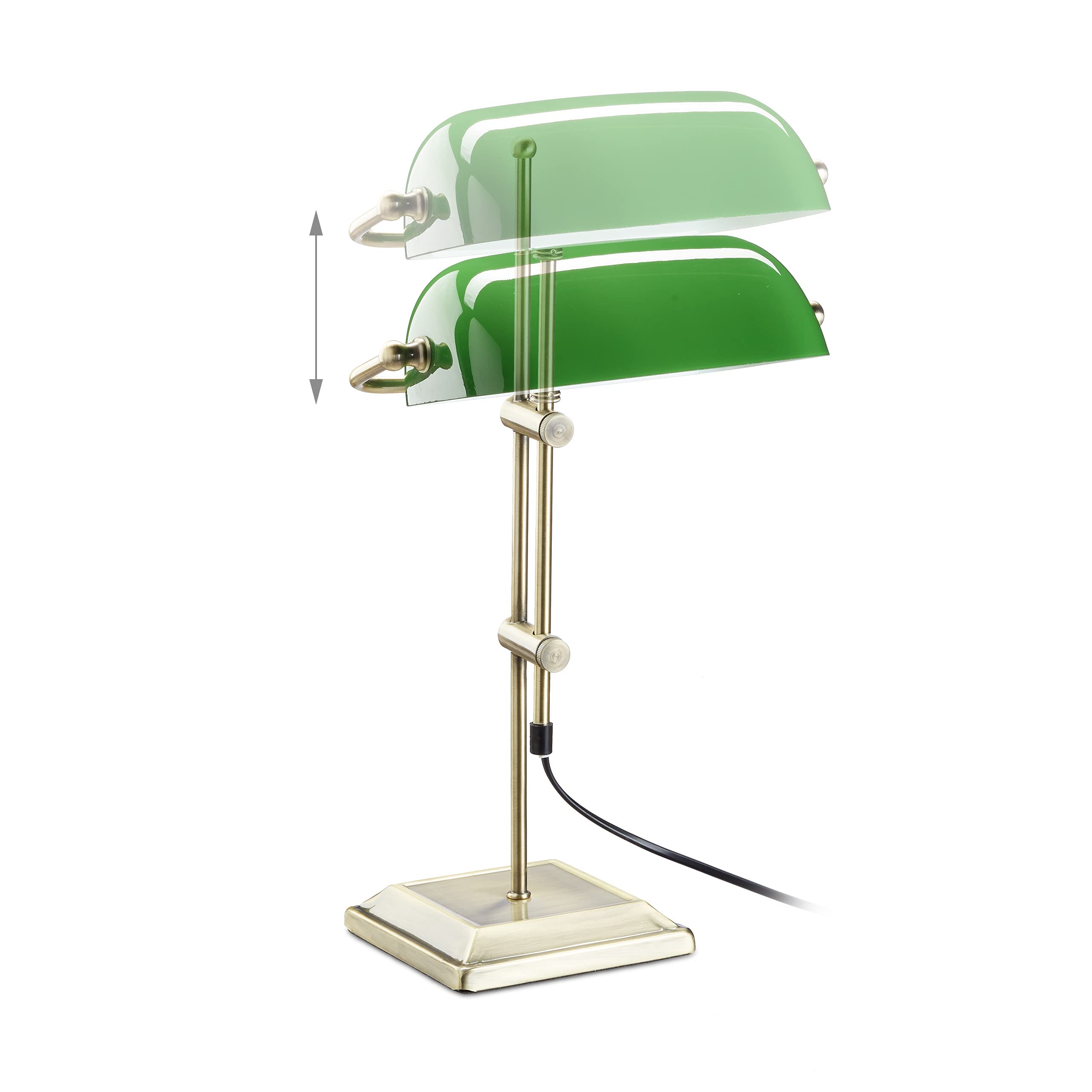 Relaxdays Bankerlampe grün, Tischlampe Glas, Dekolampe Retro, Tischlampe Messing Optik, HxBxT: 52 x 27 x 18 cm, bronze