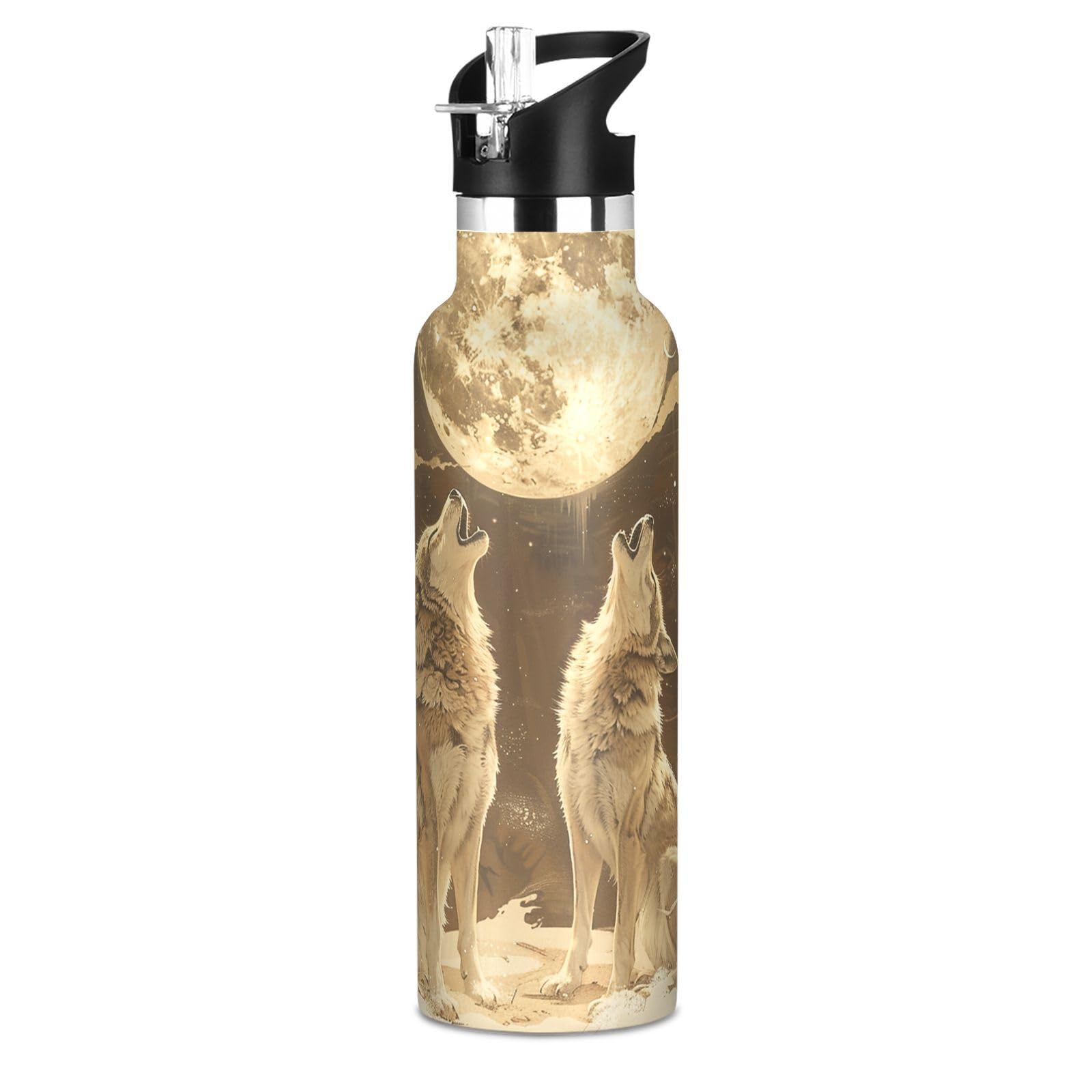 Kaaviyo Boys Pattern Golden Wolves Howling Lunar Water Bottle Stainless Steel Jug Insulated Vacuum Cup For Girls(600Ml)