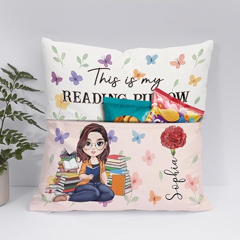 ENCYCOM Personalized Book Reading Pocket Pillow - Custom Reading Pillows with Name – Uniqua Gift for Bookworm Girls, Women Who Love Books, Perfect for Bed or Cozy Corner (Reading Pillow 05)