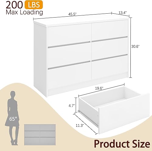 Miniatura 3 de furtble Cómoda de 6 cajones para dormitorio, cómoda blanca moderna, sin asas, gran almacenamiento, cómoda de madera con cajones anchos para armario,