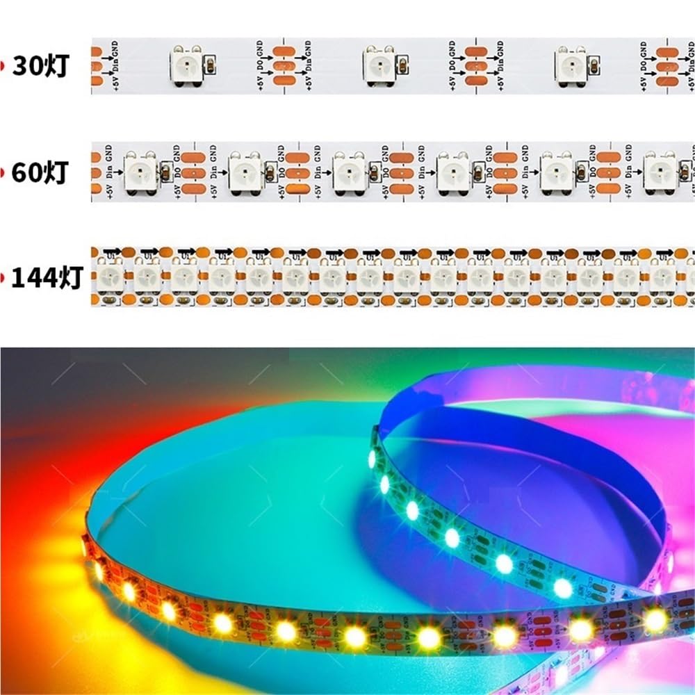 Exterior/interior decorativos, Tira de luces LED de 5 metros, SK6812 DC5V 5050SMD, 30/60/144 LED/m, RGB, con soporte de cobre y cable dorado.(Black PCB-IP67,144leds/m)