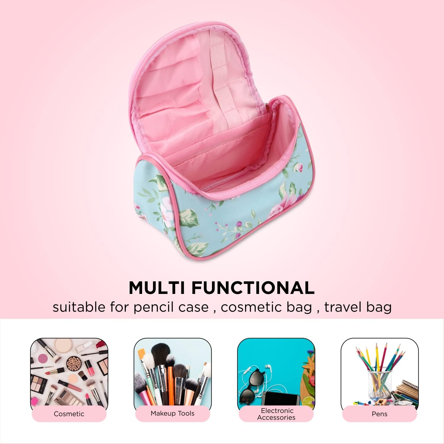 NFI essentials Floral Print Makeup Pouch Travel Make Up Organizer Makeup Bag for Women Toiletry Bag Travel Zipper Pouch Cosmetics Pouch for Purse