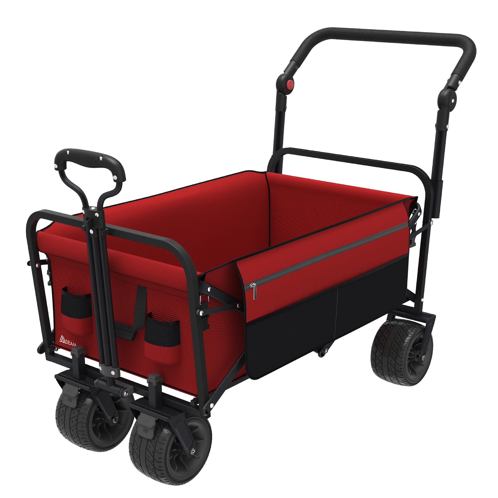 MDEAM Collapsible Folding Wagon Heavy Duty Foldable Wagons Carts Large Capacity Utility with All Terrain Wheel,Push Pull Handle & Side Pocket for Outdoor Garden Sports Beach (Red)