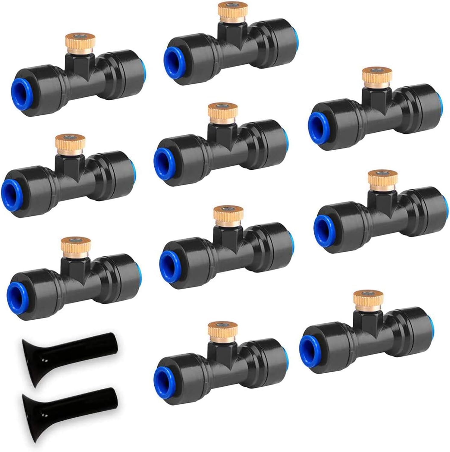 10 ugelli nebulizzatori in ottone + giunti a T e tappi terminali compatibili con tubi da 0,6 cm, sistema di nebulizzazione ad alta pressione di ricambio per refrigeratore da patio, nero