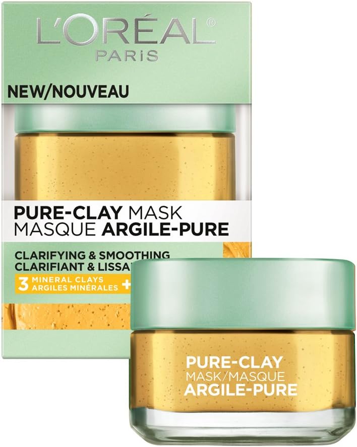 L'Oreal Paris Skincare Pure Clay Face Mask with Yuzu Lemon for Rough Skin to Clarify & Smooth, Clay Mask, at home face mask, 1.7 oz.