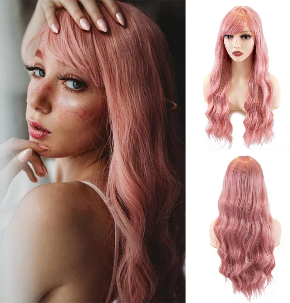 iShine Long Pink Wig with Bangs Natural Wave Pink Wigs for Women