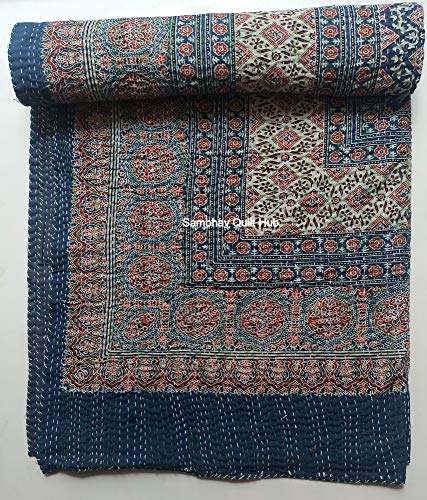 Hippie Queen Ajrakh Kantha Quilt Handmade Bohemian Bedspread King Size Vegetable Dye Kantha Blanket Bedcover Boho Quilting Indigo Print Ajrakh Cotton Quilt 90X108 inch