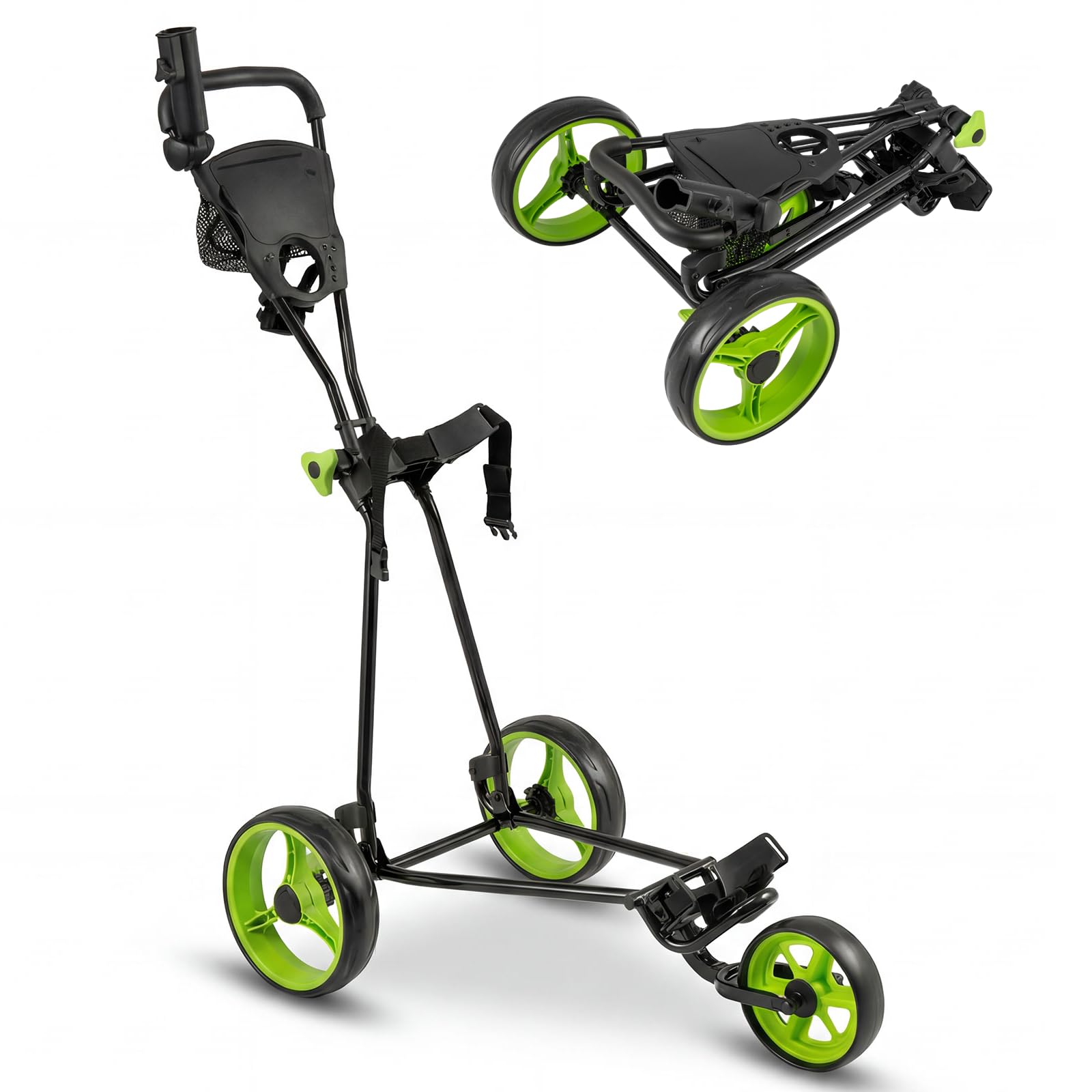 SPOTRAVEL 3 Wheel Golf Push Cart, Quick Folding Golf Bag Trolley with Scoreboard, Accessories Storage, Umbrella & Cup Holder, Lightweight Golf Pull Cart with Foot Brake (Green)
